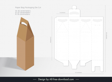 paper bag packaging design elements 3d flat mockup and die cut sketch