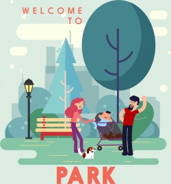 park advertisement joyful family icon cartoon design
