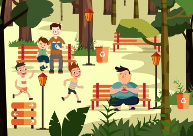 park drawing human activities icon colored cartoon