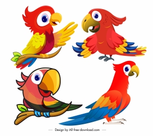 parrot icons cute cartoon sketch colorful design