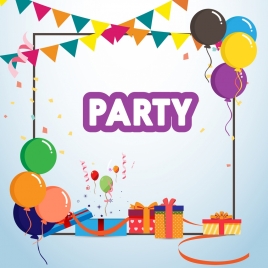 party banner colorful balloons gift boxes ribbons decor