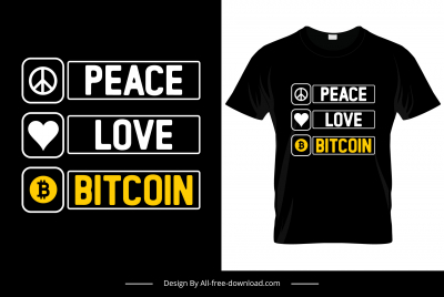 peace love bitcoin tshirt template flat contrast texts symbols sketch