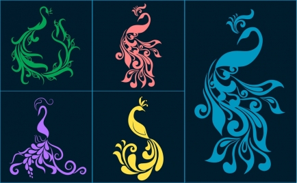 peacock icons collection various dark flat colored design