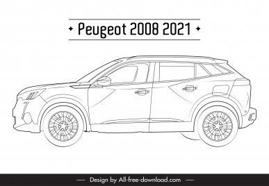 peugeot 2008 2021 car model icon flat black white handdrawn side view outline
