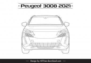 peugeot 3008 2021 car model icon flat symmetric black white handdrawn front view outline
