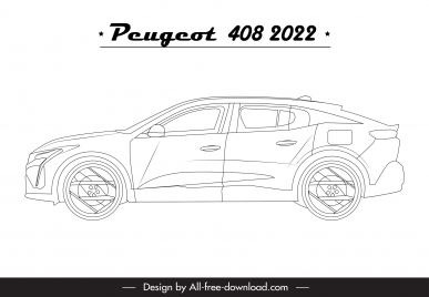 peugeot 408 2022 car model icon flat black white handdrawn side view sketch