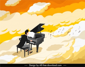 piano performance painting thick clouds decor cartoon design