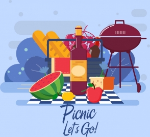 picnic background food basket barbecue icons decor