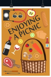 picnic banner food basket icons classical flat design