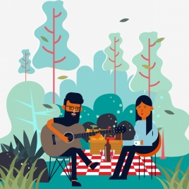 picnic drawing joyful couple guitarist icons colored cartoon