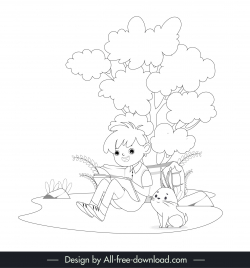 picture book design elements boy reading book bunny cartoon outline
