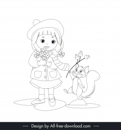 picture book design elements cute handdrawn girl  squirrel outline