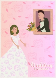 pink wedding card cover template groom bride icons