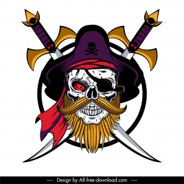 pirate skull icon frightening face sketch swords decor