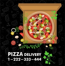 pizza promotion advertisement with colored style on dark background