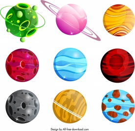 planets icons collection colorful modern decor circles design