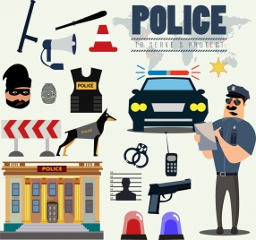 police design elements accessories icons colored cartoon