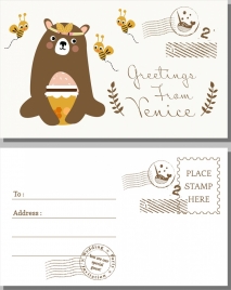 postcard cover template bear honey bees icons