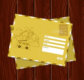 postcard template classical yellow design car mountain icons