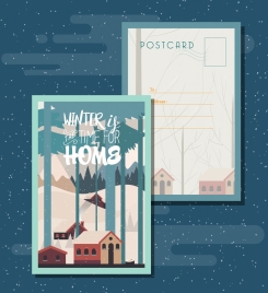 postcard template winter theme houses snow trees icons