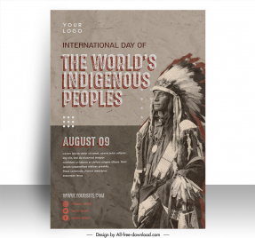 poster day of the worlds indigenous peoples template indian american chieftain sketch retro design