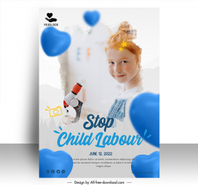 poster stop child labour template cute girl 3d hearts decor realistic design