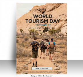 poster world tourism day template hikers group mountain pathway scene sketch