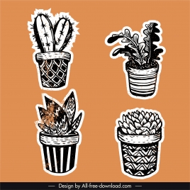 potted houseplant icons retro design flat handdrawn