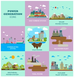 power generation icons isolated with various types