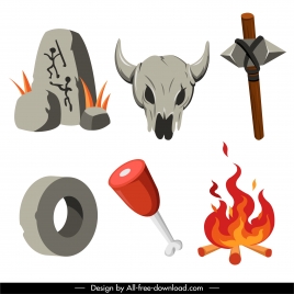 prehistory design elements stone tool skull fire sketch