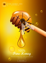 pure honey advertising bee stick droplet icons decor