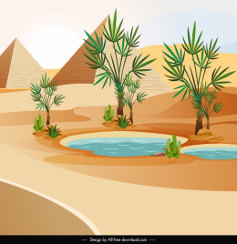 pyramid desert landscape painting bright colored classical design