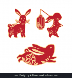rabbit paper cut design elements red yellow oriental china style sketch