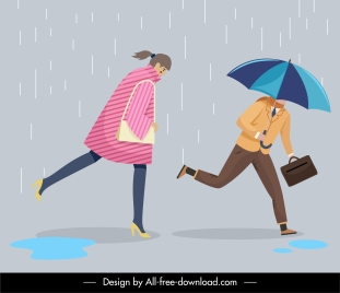 rainy day background running people cartoon characters sketch
