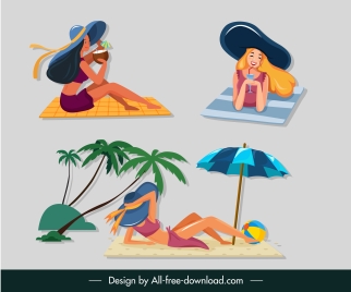 relaxing girl icons beach vacation sketch cartoon characters