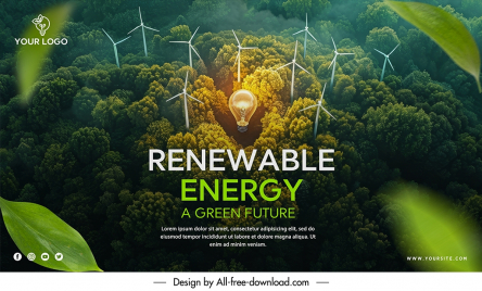 renewable energy banner template lightbul windfarm forest scene