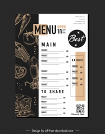 restaurant menu template black white contrast handdrawn decor