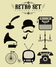 retro objects icons collection black white design