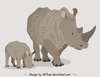 rhino animals icons mother baby sketch 3d design