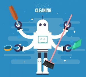 robot cleaning advertising multi hands character icon