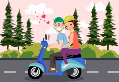 romantic couple drawing motorbike heart icons colored cartoon