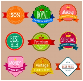 sales quality labels isolated with various colored shapes