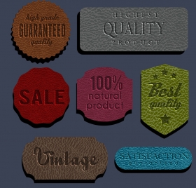 sales tags collection leather background various colored shapes