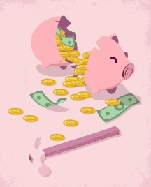 savings concept background broken piggy bank money icons
