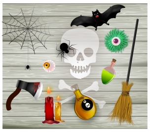 scary halloween icons sets on wooden background