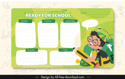 school timetable template cute schoolboy cartoon sketch