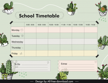 school timetable template flat classical handdrawn cactus flowerpots sketch