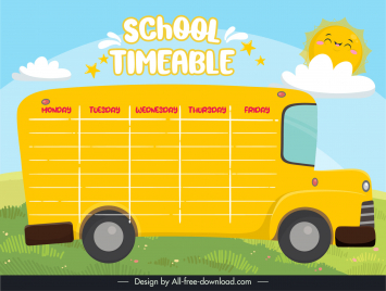 school timetable template flat cute cartoon sun school bus sketch