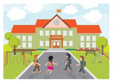 school vector illustration with kids coming to school