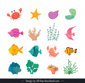 sea animals design elements collection flat cartoon